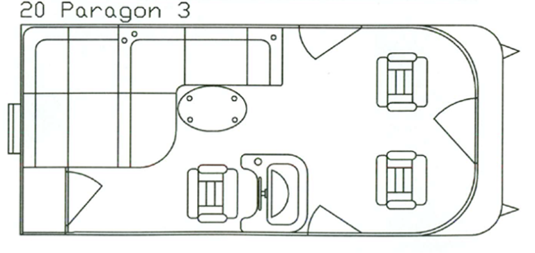Top-down view of a boat interior layout, showing seating, table, and helm.