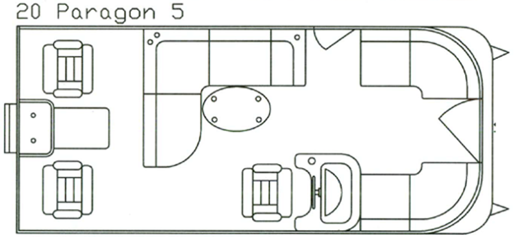 Floor plan of a Paragon 5 boat with seating areas, a table, and a helm.