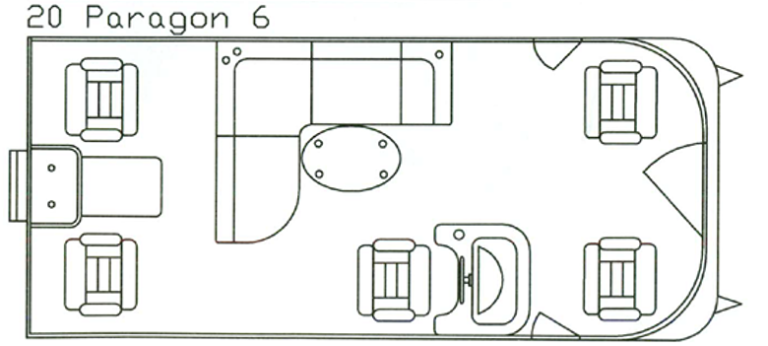 Floor plan of a Paragon 6 with seating for multiple passengers, table, and lavatory.