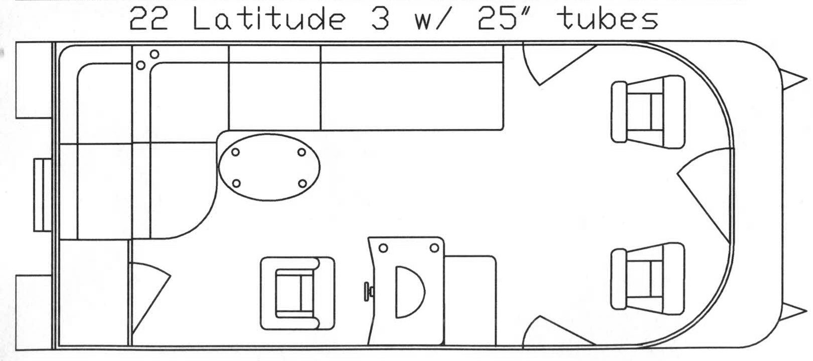 Top-down diagram of a pontoon boat layout, featuring seating, a table, and a compartment.