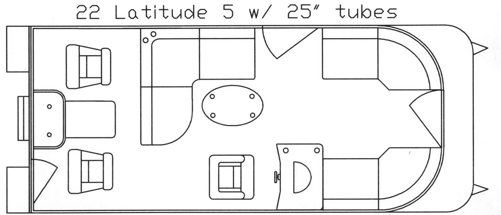 Floor plan of a 22-foot pontoon boat with seating, a table, and a small area in the front.