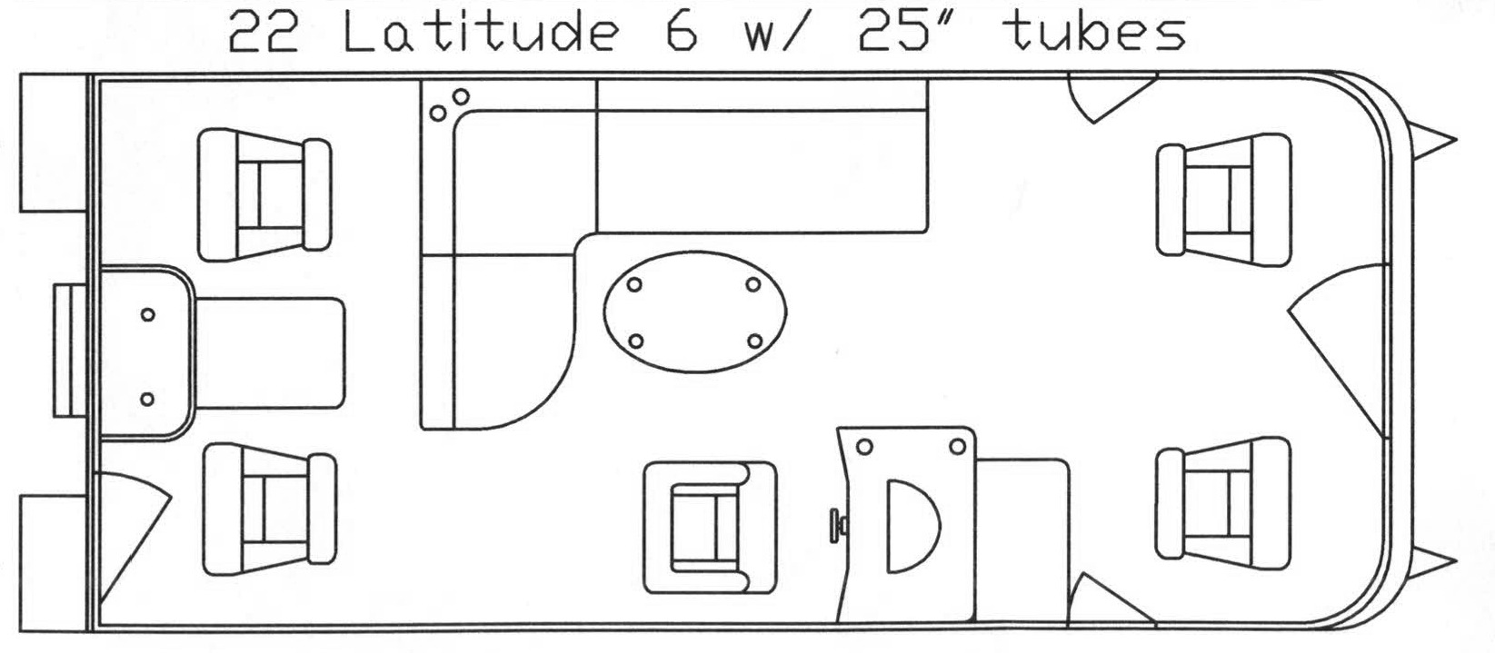 Top-down schematic of a boat interior layout, showing seating, a table, and a small bathroom.