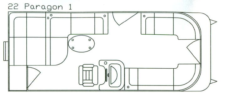 Top-down floor plan of a 22 Paragon 1 boat, showing seating, table, steering, and storage.