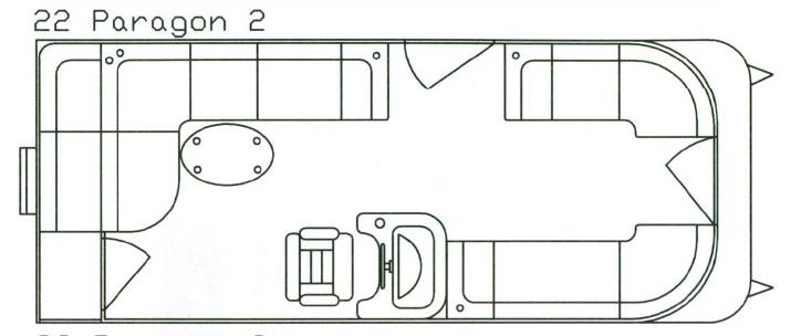 Top-down drawing of a 22 Paragon 2 pontoon boat interior layout. Featuring seating areas, a table, and a driver's seat.