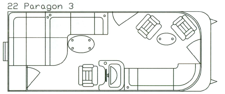 Top-down diagram of a pontoon boat layout, featuring seating areas, tables, and a driver's console.