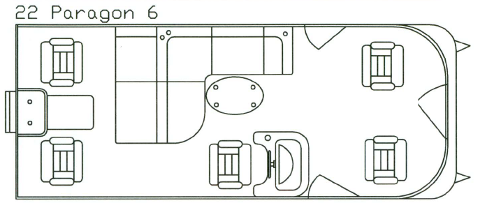 Floor plan of a Paragon 6 pontoon boat, showing seating, table, and storage areas.