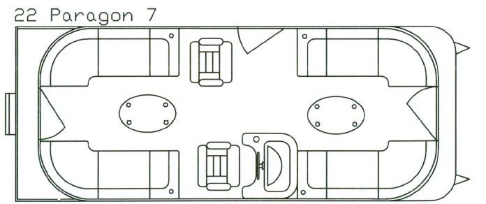 Top-down diagram of a boat interior.  Features seating, tables, and a steering area. Label reads 