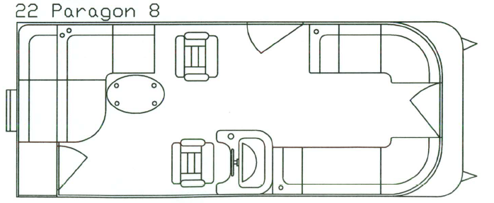 Top-down schematic of a 22 Paragon 8 pontoon boat, showing seating, tables, and captain's console.
