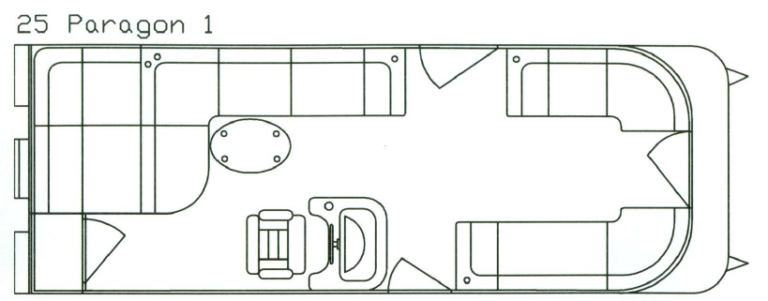 Floor plan of a 25 Paragon 1 boat interior. Includes seating, table, chair, and storage areas.