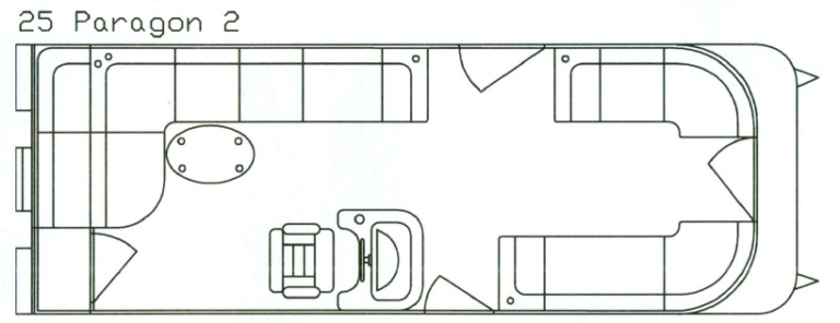 Top-down diagram of a boat interior. It has couches, tables, a steering wheel, and a chair.
