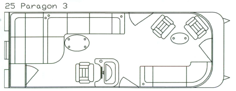 Floor plan of a 25 Paragon 3 boat. Includes seating, tables, and what appears to be a bathroom.