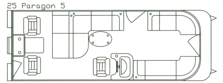 Top-down view of a boat interior layout, showing seating, furniture, and other features, titled 