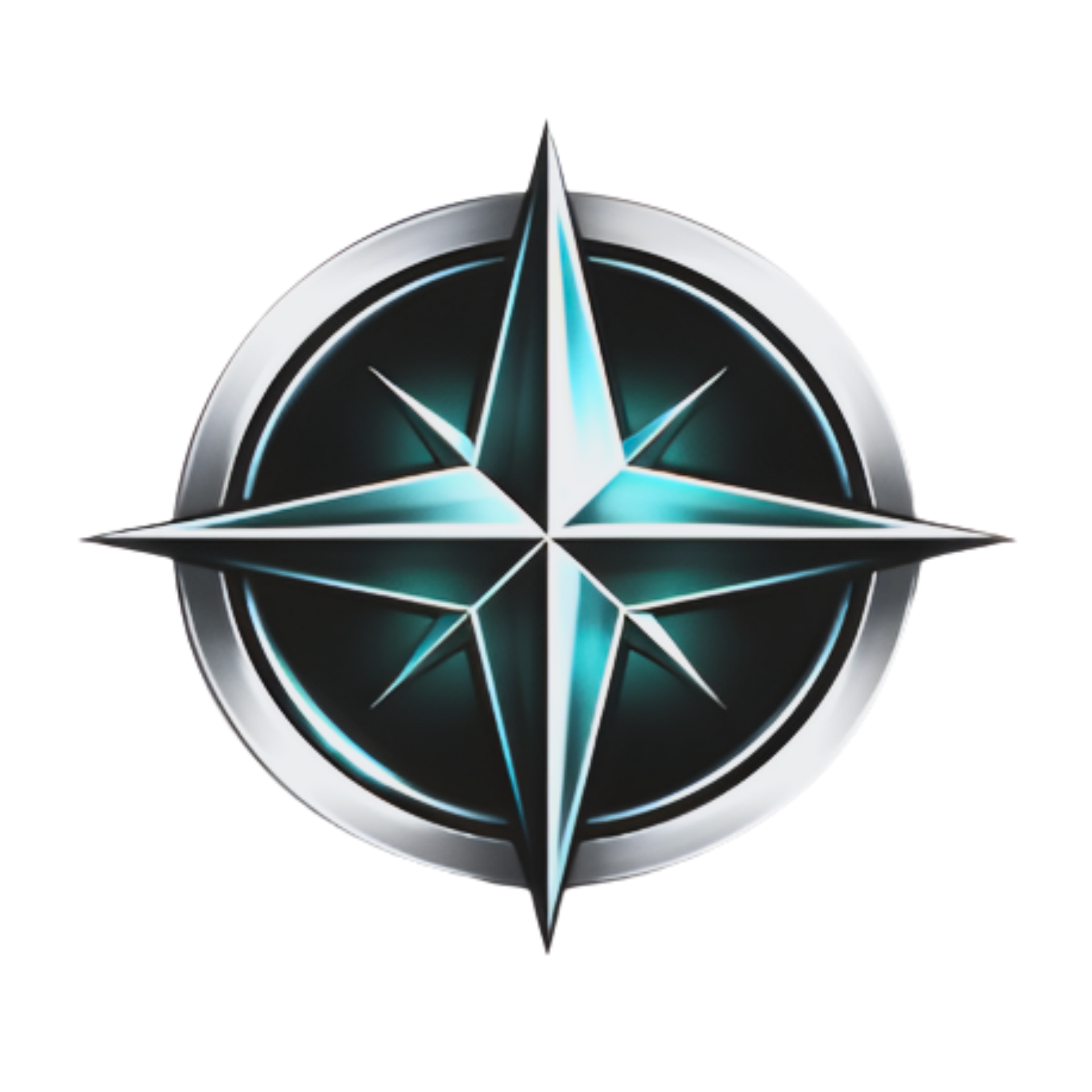 Metallic emblem of a compass rose in a turquoise glow, set in a silver circular frame.