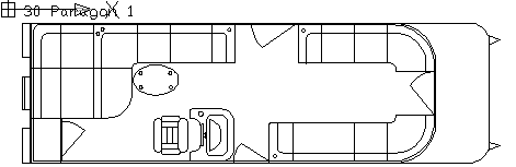 Floor plan of a recreational vehicle (RV) interior, showing a seating area, kitchen, and sleeping area.