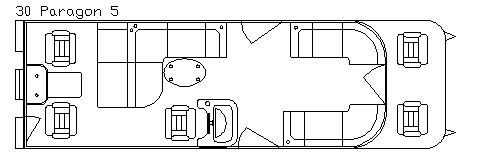 Floor plan of a bus interior layout. Includes seating areas, tables, and a driver's area.