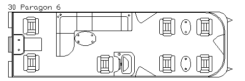 A top-down layout of a 6-person executive transport vehicle, featuring seating, tables, and a storage area.
