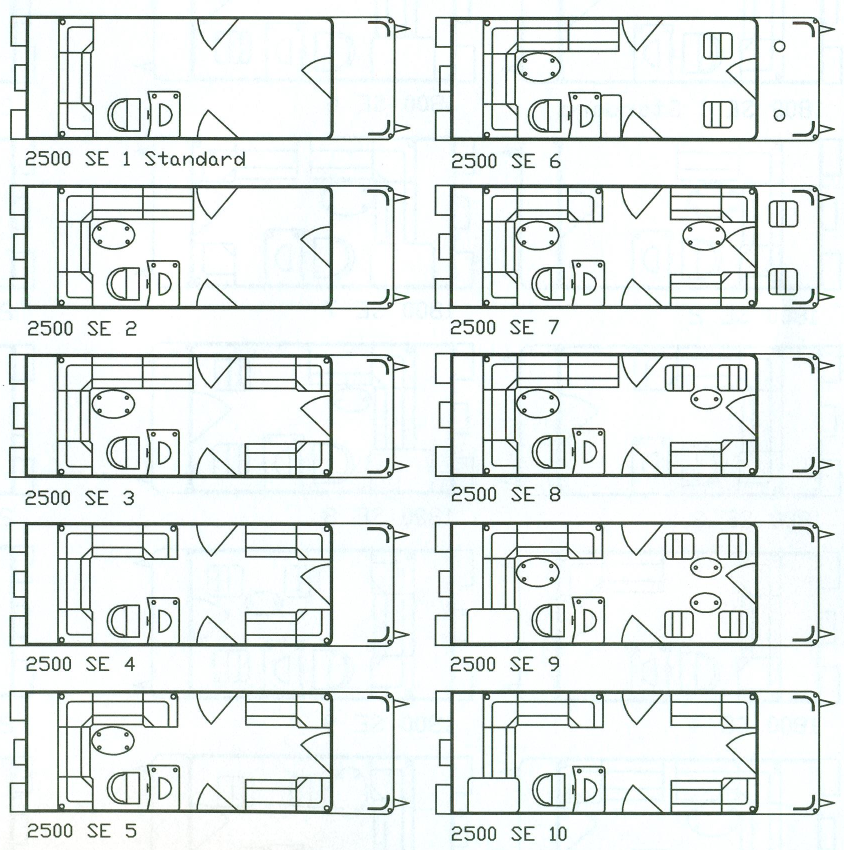 Layout diagrams of various RV interior configurations.