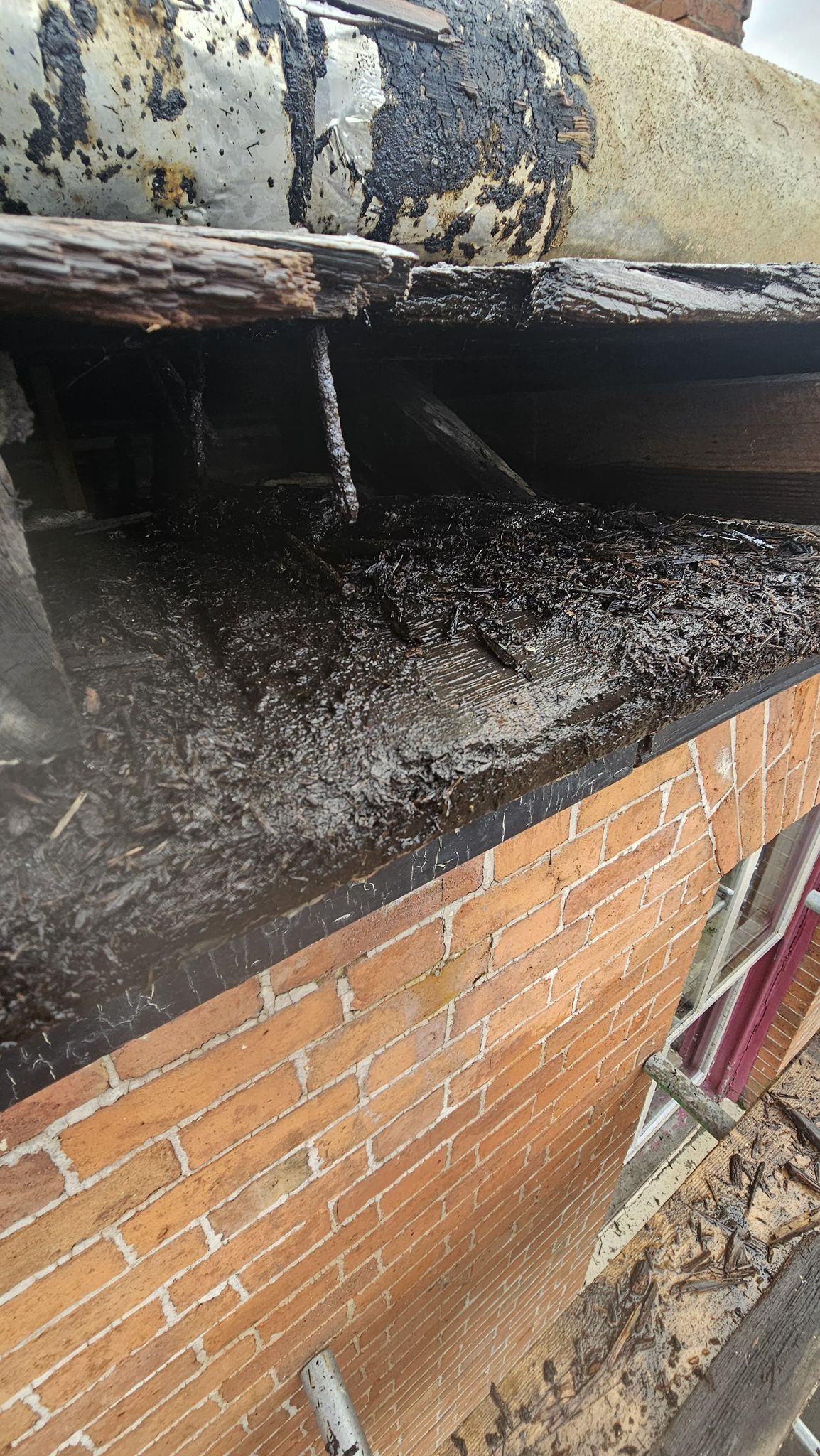 Brick building with overflowing gutter filled with dark debris and water.