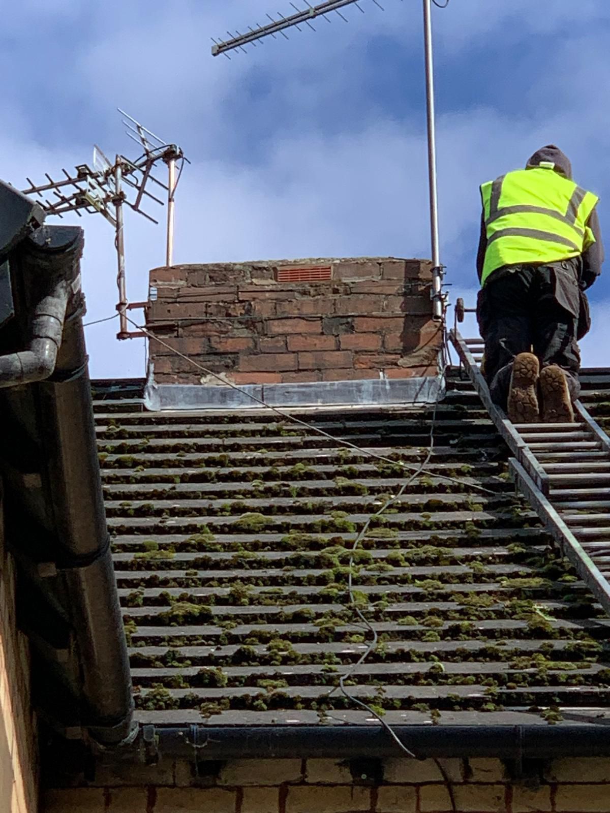 A man is standing on a ladder on top of a roof.