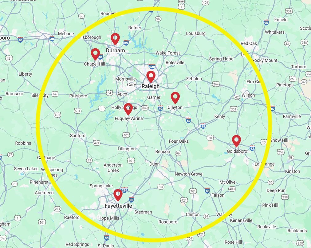 Map of Raleigh, NC, with a yellow circle highlighting the area and red location markers.