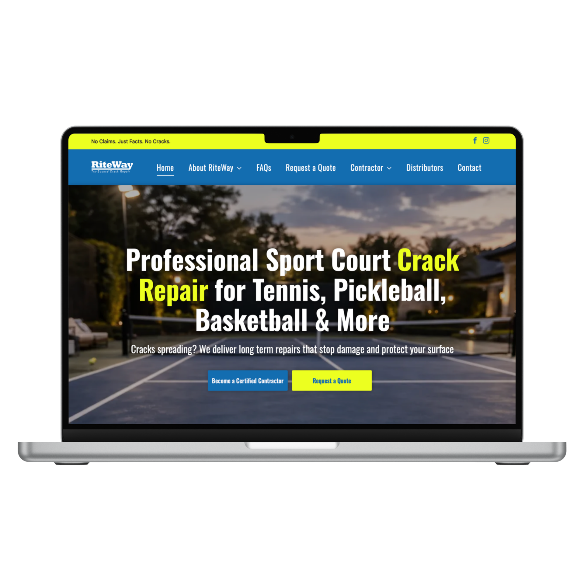 A laptop displaying a website for professional sport court crack repair services for tennis, pickleball, and basketball.