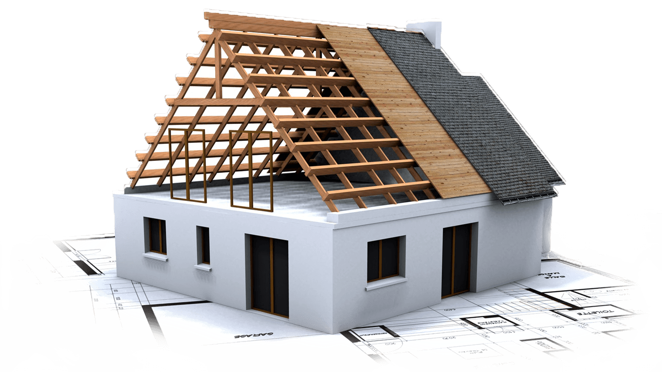 House under construction, wooden roof frame, partially shingled, on blueprint.