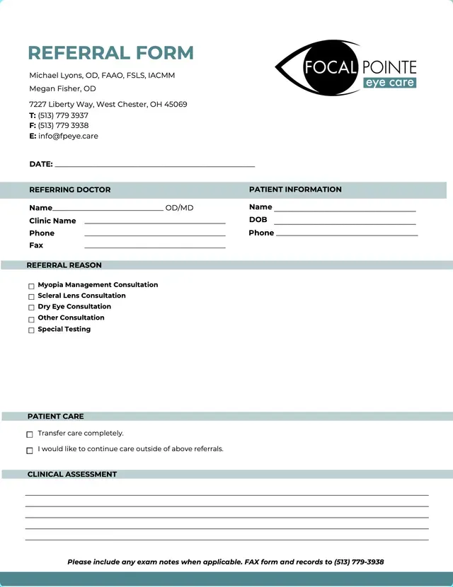 A Focal Pointe Eye Care referral form with fields for patient information, referral reason, and clinical assessment.