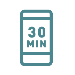 An icon of a cell phone with the words `` 30 min '' on it.