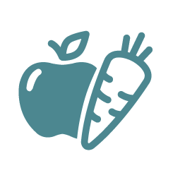 A blue icon of an apple and a carrot on a white background.