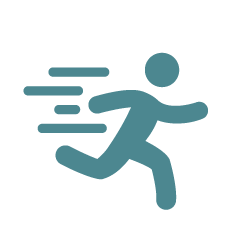 A blue icon of a person running on a white background.
