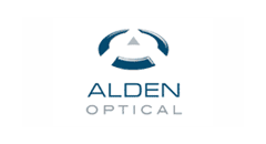 A blue and white logo for alden optical