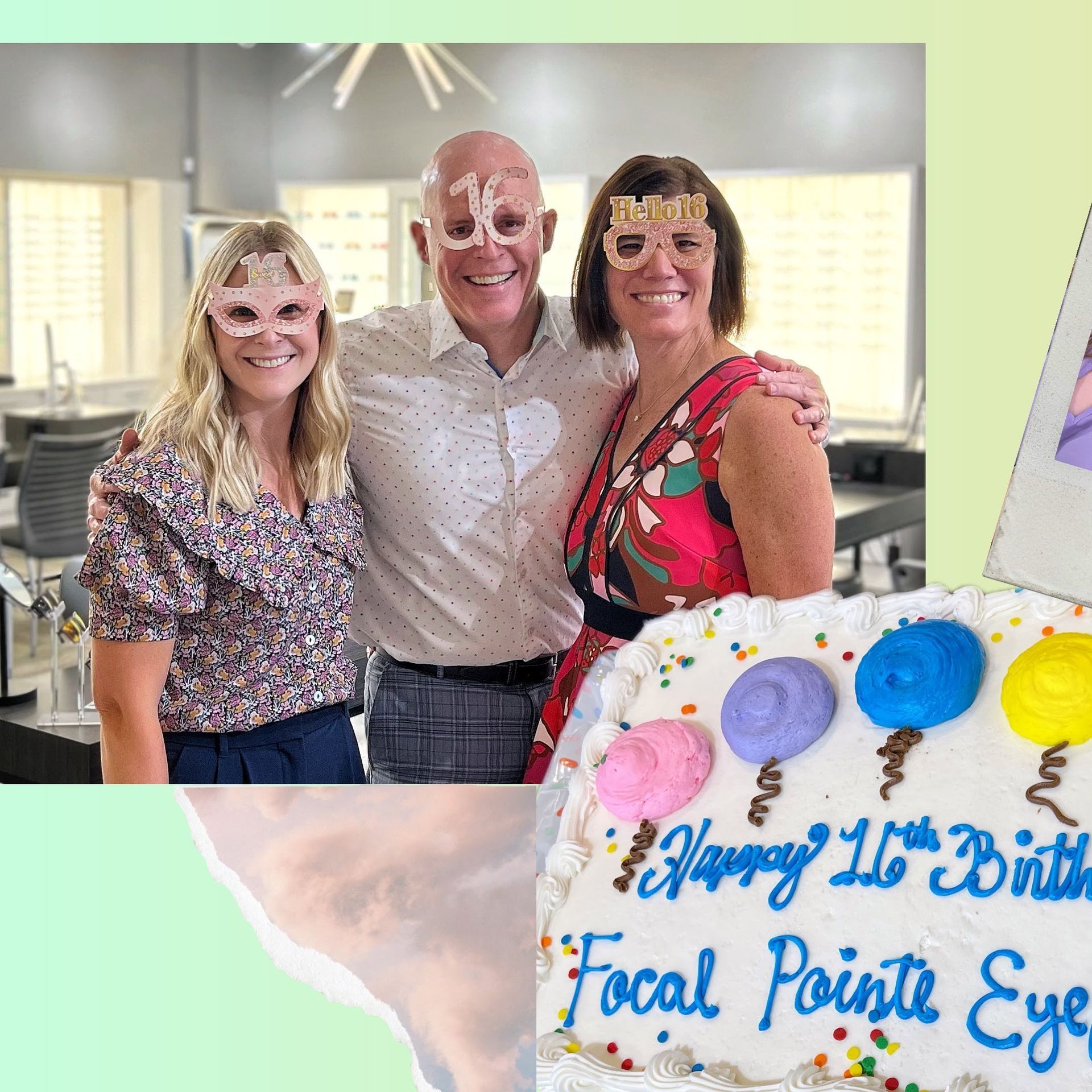 Dr Fisher, Dr. Lyons and Liz Lyons celebrate Focal Pointe Eye Care's 16th Anniversary