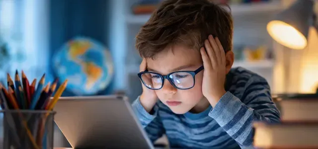 A child with glasses looking at a digital tablet with hands on their head in a desk setting with a globe and pencils.