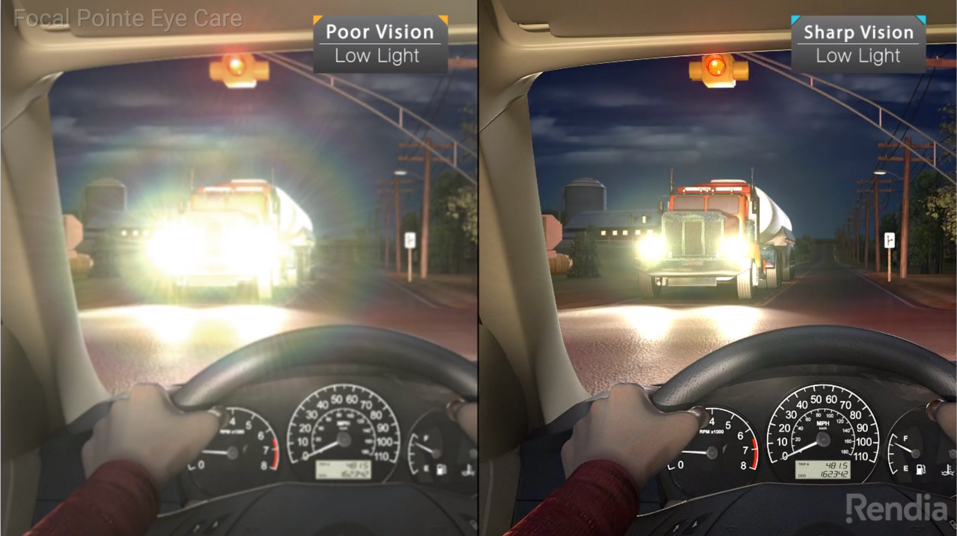 side by side comparison of driving in low light with poor vision versus sharp vision