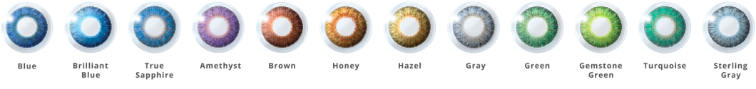 A row of different colored contact lenses are lined up in a row on a white background.