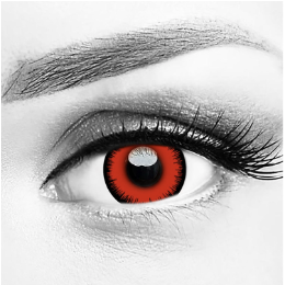 A close up of a woman 's eye with red contact lenses.