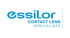 The logo for essilor contact lens specialists is blue and white on a white background.