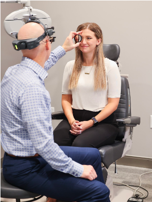 Dr. Lyons is examining a woman 's eye.