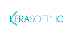 A blue and white logo for kerasoft ic on a white background