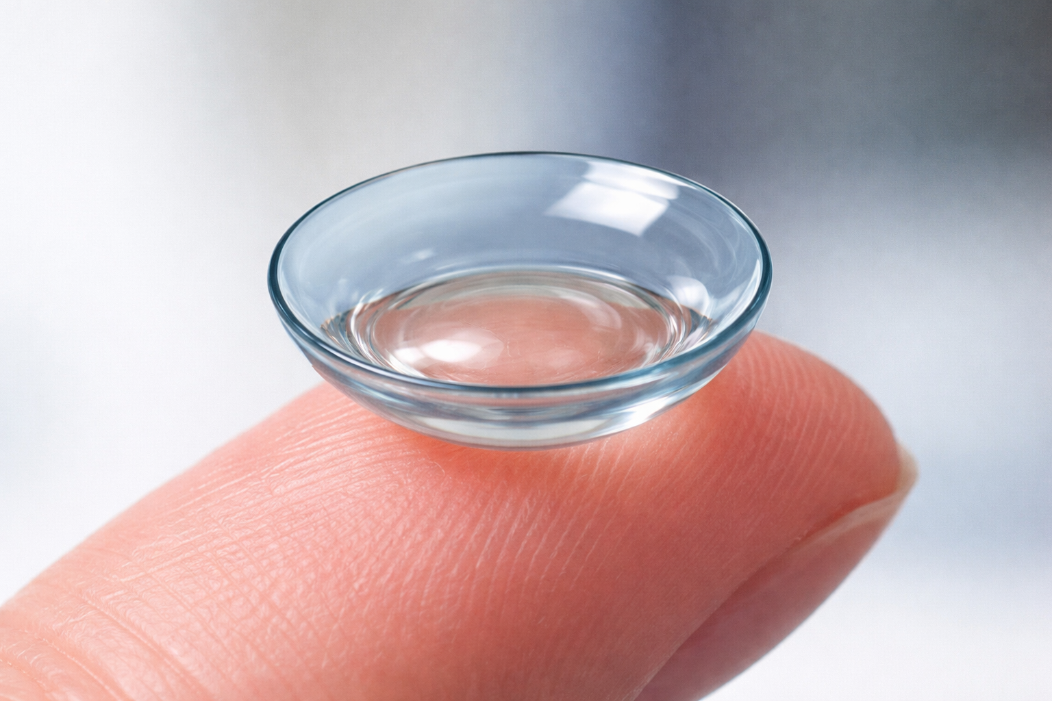 A clear, blue-tinted contact lens resting on the tip of a human finger.