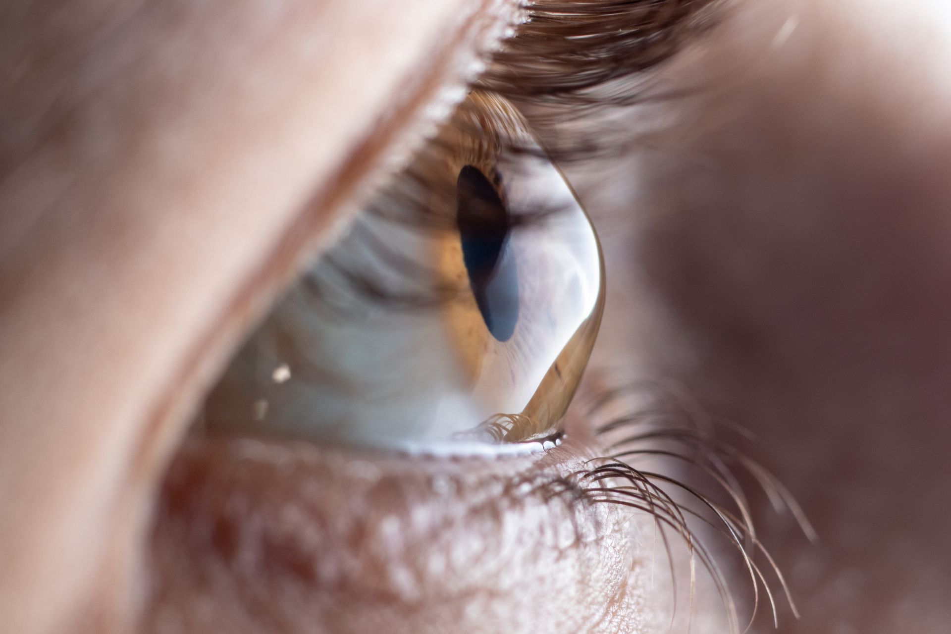 Close-up of an eye, showing the iris with reflections, tear and eyelashes. Brown and tan colors.