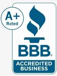 BBB logo with an A+ rating, featuring a blue flame symbol and text indicating accreditation.