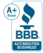 BBB Accredited Business logo, blue and white, with an A+ rating.