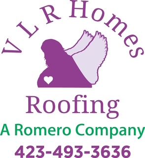 Logo for VLR Homes Roofing: purple bird/angel with heart; text "VLR Homes Roofing A Romero Company 423-493-3636".