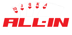 A red logo featuring a Royal Flush of hearts and the text "ALL-IN" in bold red capital letters.