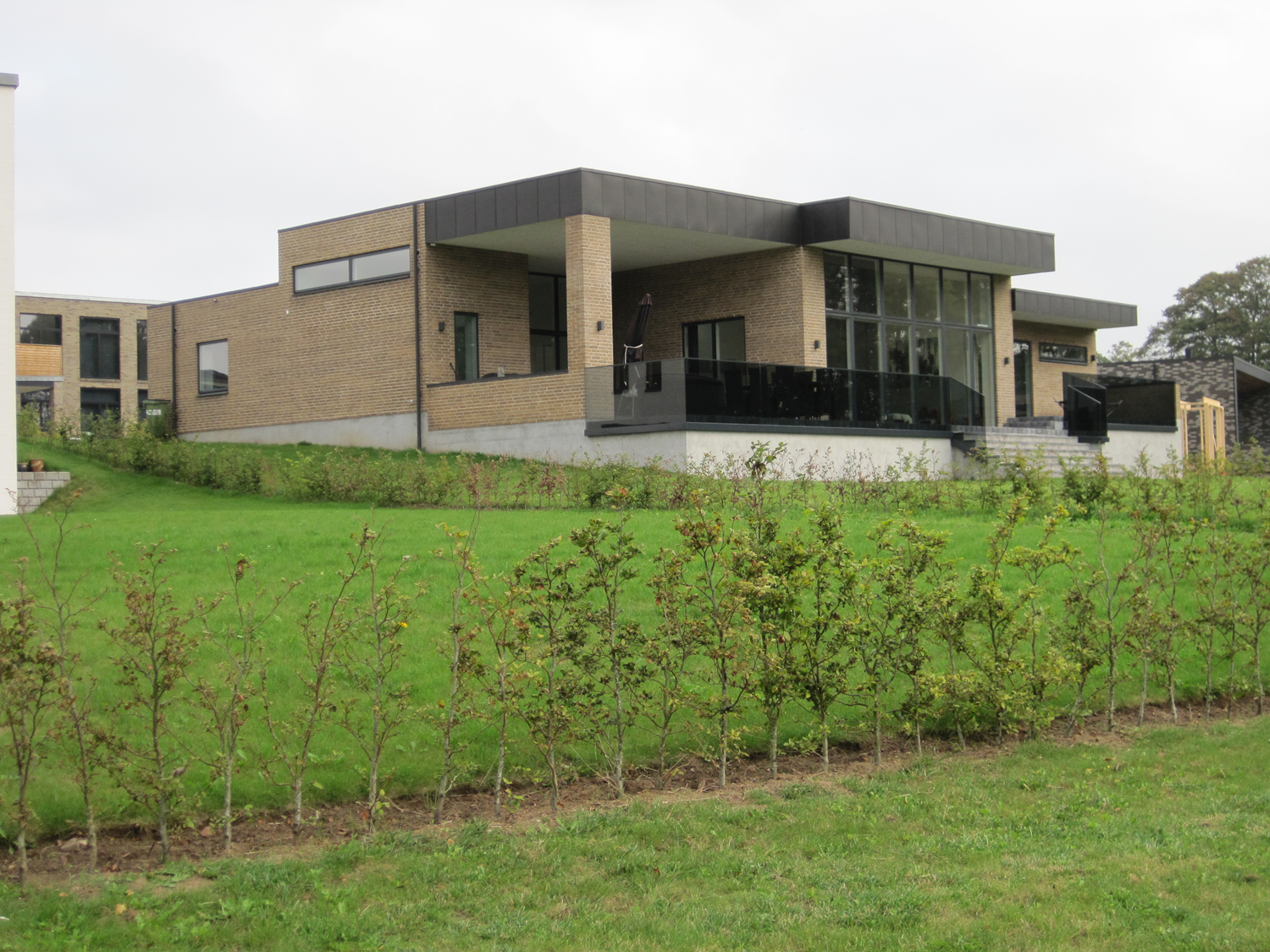 Moderne hjem med beige murstensfacade, sorte lister og store vinduer. Grøn græsplæne i forgrunden.