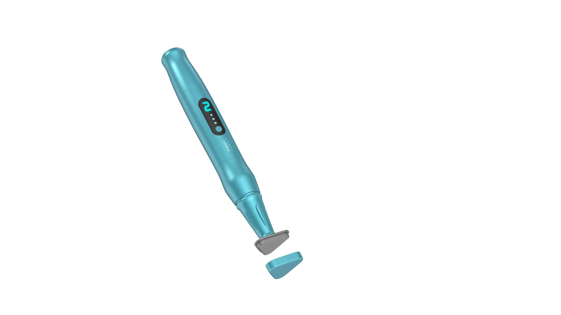 A blue pen with two blades on a white background.