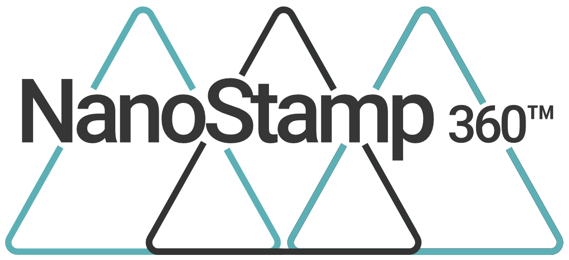 A logo for nanostamp 360 with three triangles in the background.