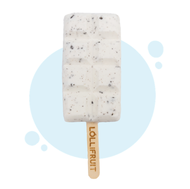 A white lollipop with a wooden stick that says lollifruit