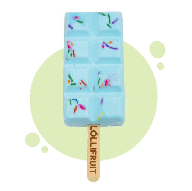A blue lollipop with sprinkles on it is on a stick.